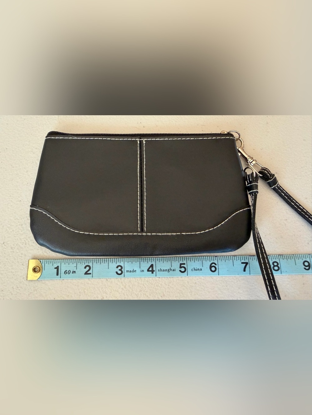 Women's Black Leather Travel Wallet with White Stitching